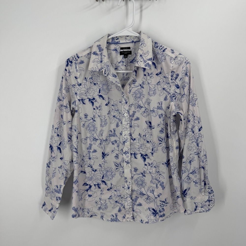 Talbots Floral Button Down Women 6P Blue White Non-Iron Long Sleeve Stretch